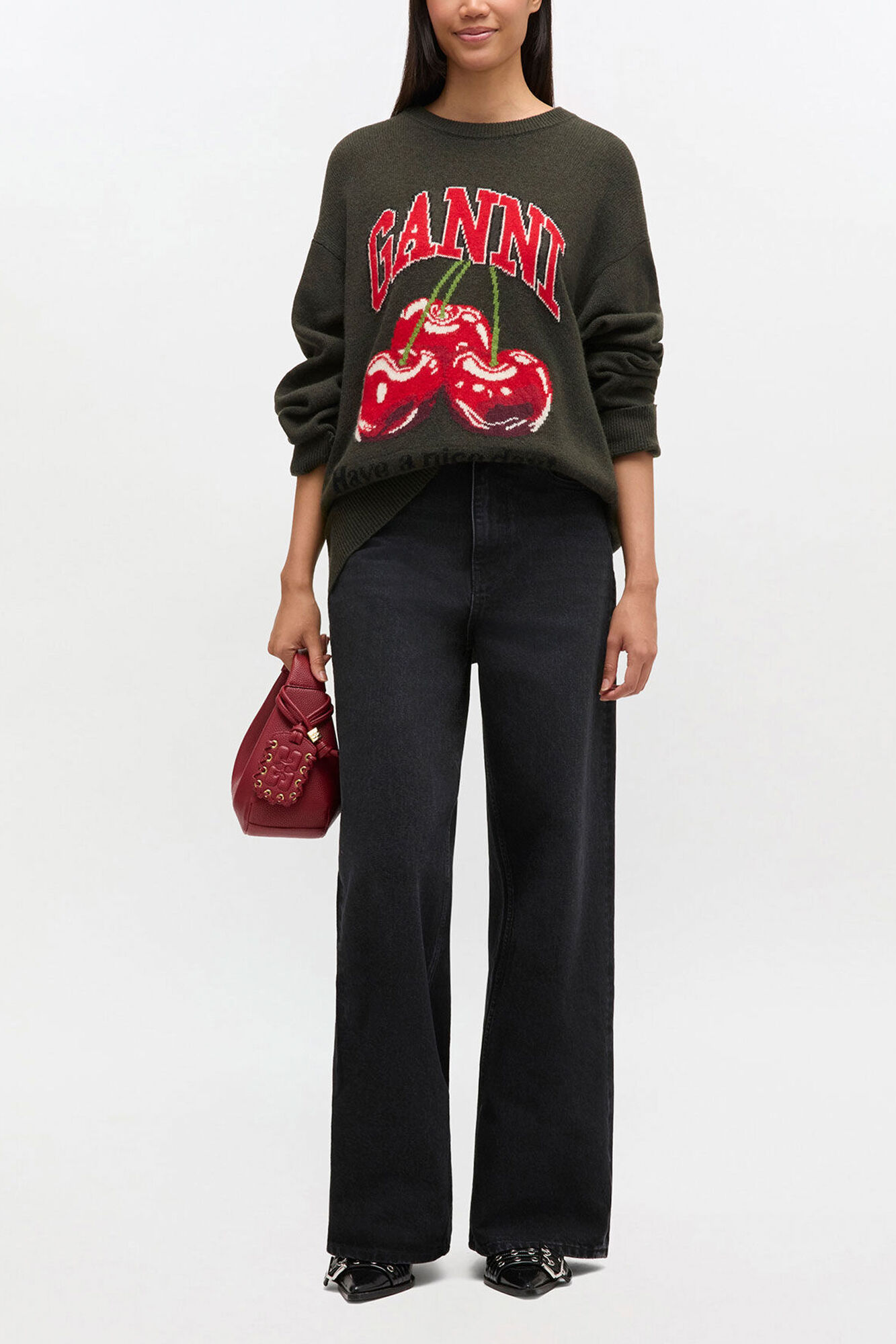 Oversized Graphic Sweater, Wool, in colour Kalamata - 1 - GANNI
