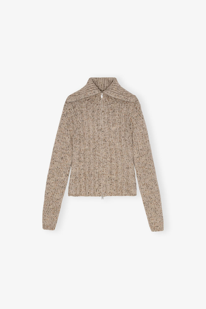 Brown Highneck Zip-cardigan, Safari