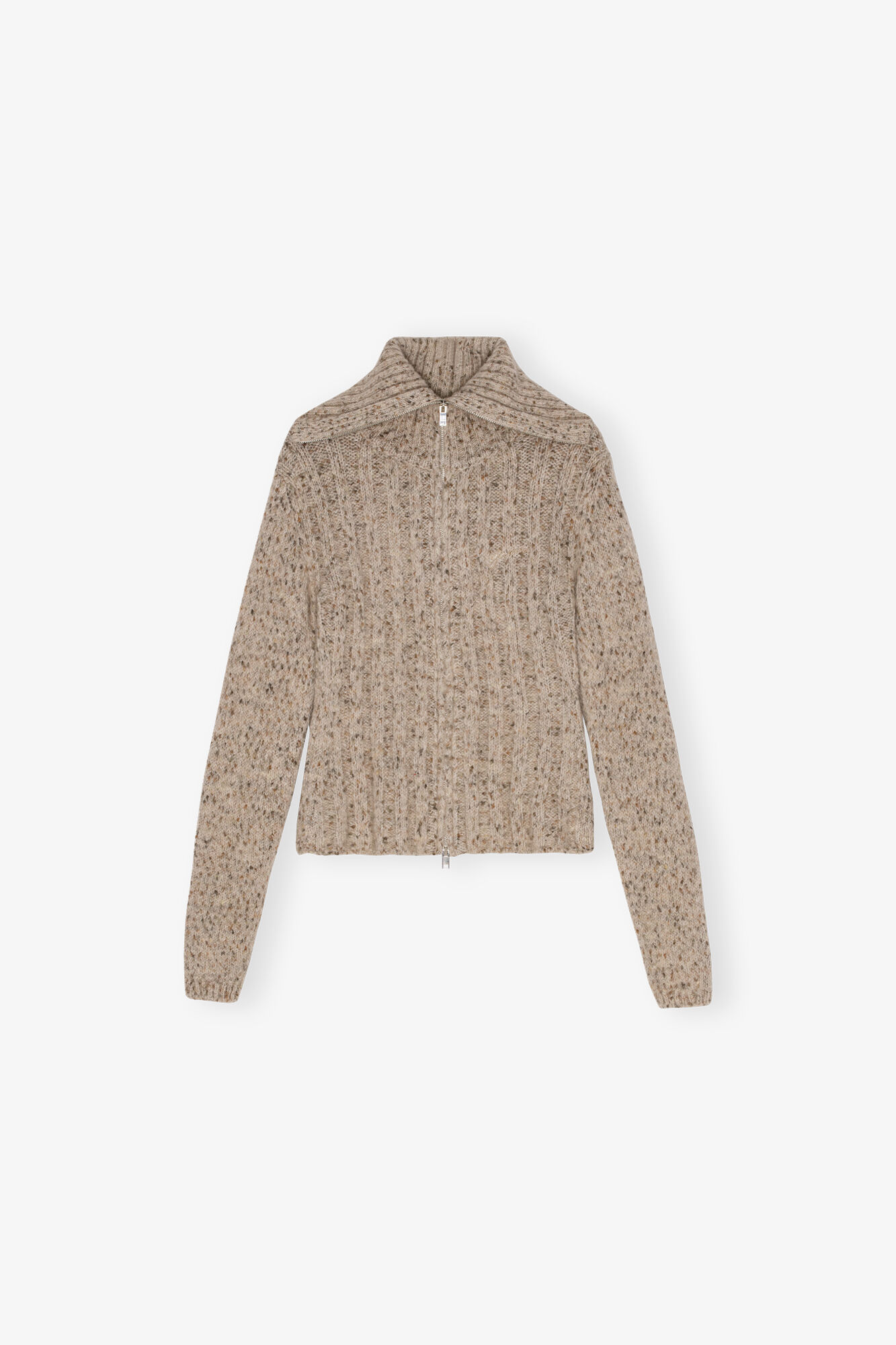 Brown Highneck Zip Cardigan, Alpaca, in colour Safari - 1 - GANNI