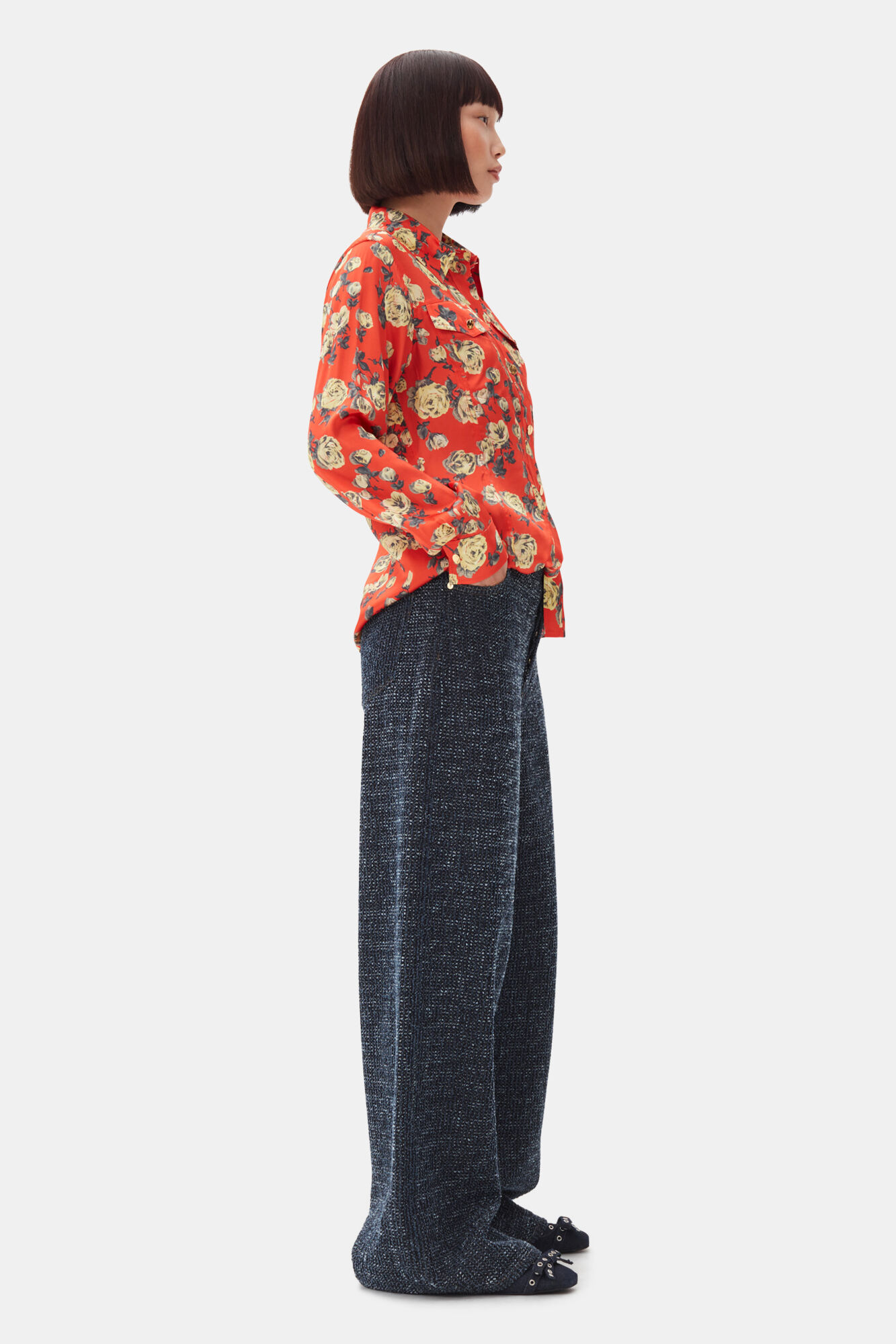 Orange Floral Printed Satin Shirt, Spandex, in colour Poinciana - 3 - GANNI