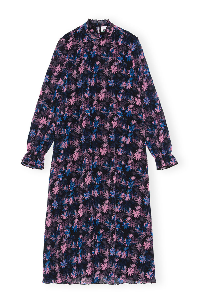 Pleated Georgette Midi Dress, Recycled Polyester, in colour Daisy Spray Lilac Sachet - 1 - GANNI