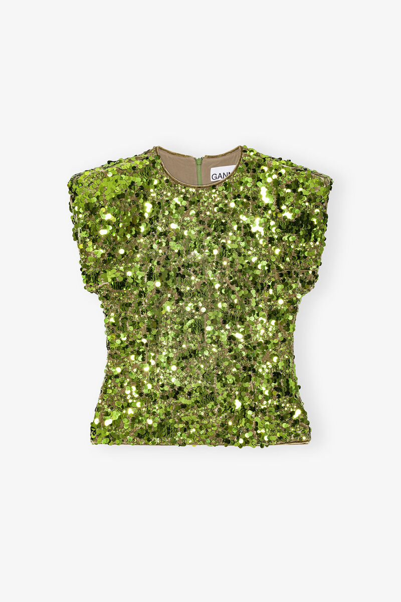 Green Velvet Sequin Blouse, Elastane, in colour Titanite - 1 - GANNI