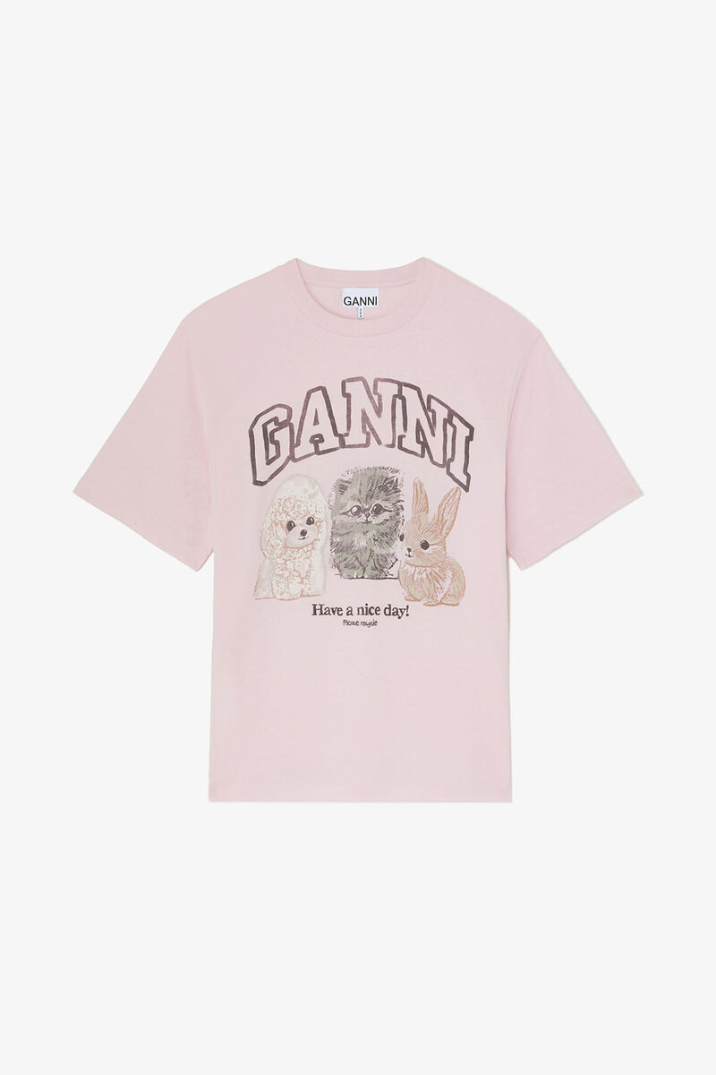 T-shirt with Animals, Organic Cotton, in colour Chalk Pink - 1 - GANNI