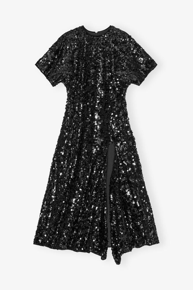 Black Velvet Sequins Long Dress, Black