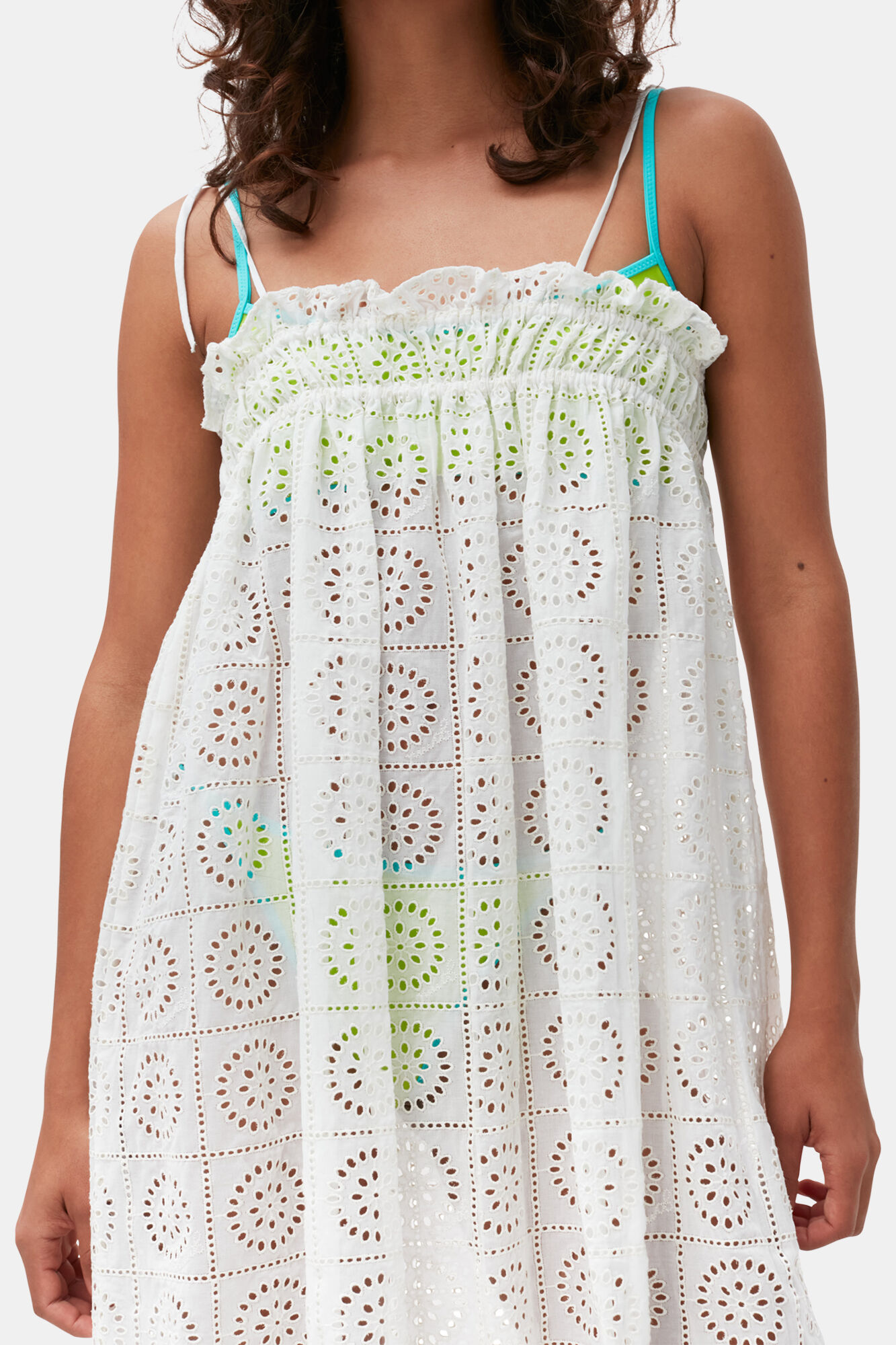 White Broderie Anglaise Strap Dress, Cotton, in colour Bright White - 3 - GANNI