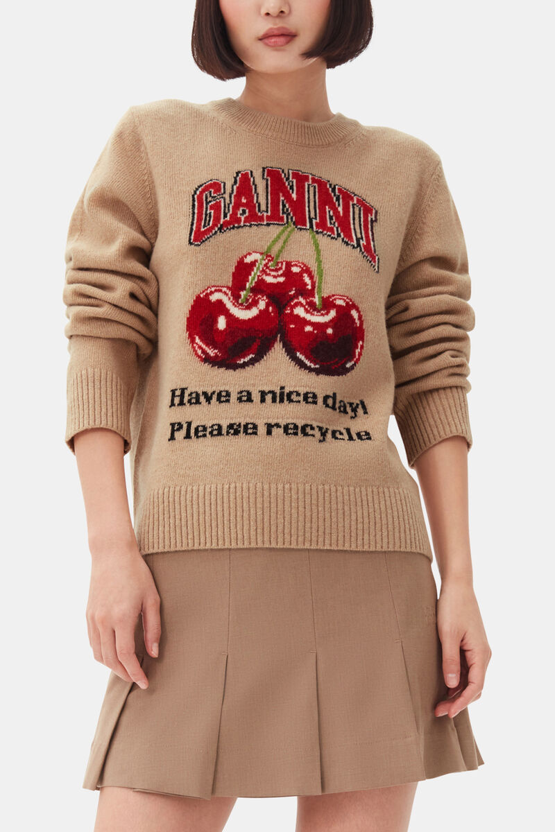 Camel Graphic Cherry Sweater, Wool, in colour Safari - 1 - GANNI