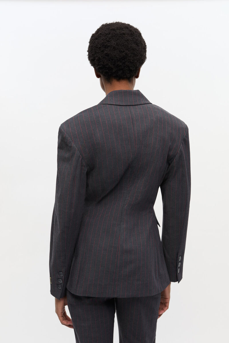 Black Pinstripe Blazer, Elastane, in colour Phantom - 3 - GANNI