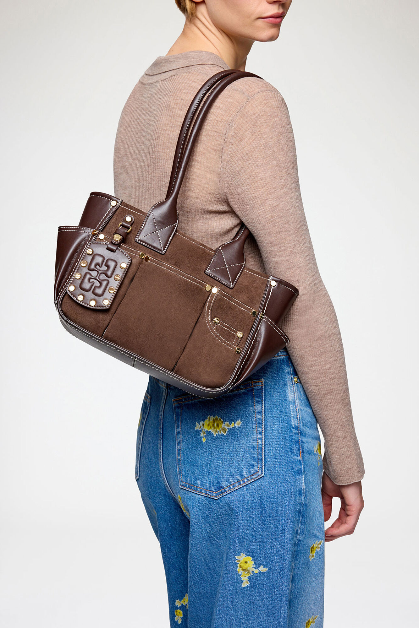 Chicory Coffee Small Posy Bag in Brown Suede | GANNI US
