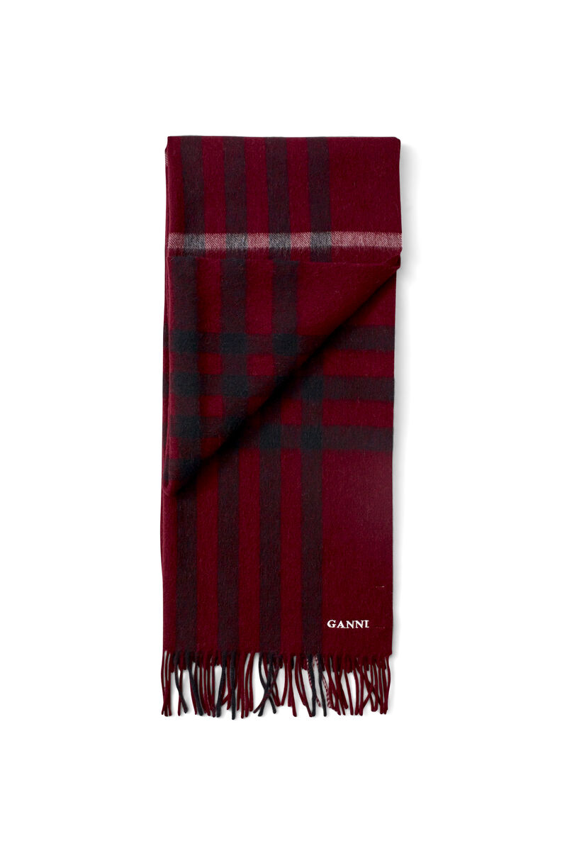 Uldtilbehør Tørklæde, in colour Cabernet Check - 1 - GANNI
