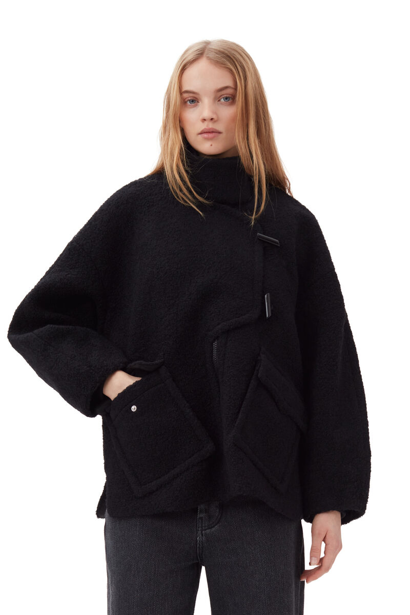 Black Boucle Wool Shoulder Jacket, Polyester, in colour Black - 1 - GANNI
