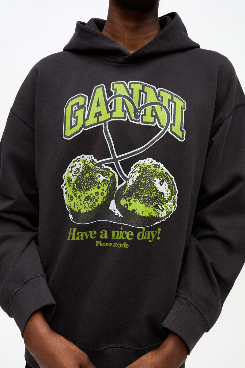 Black Isoli Cherries Oversized Hoodie, Organic Cotton, in colour Phantom - 4 - GANNI