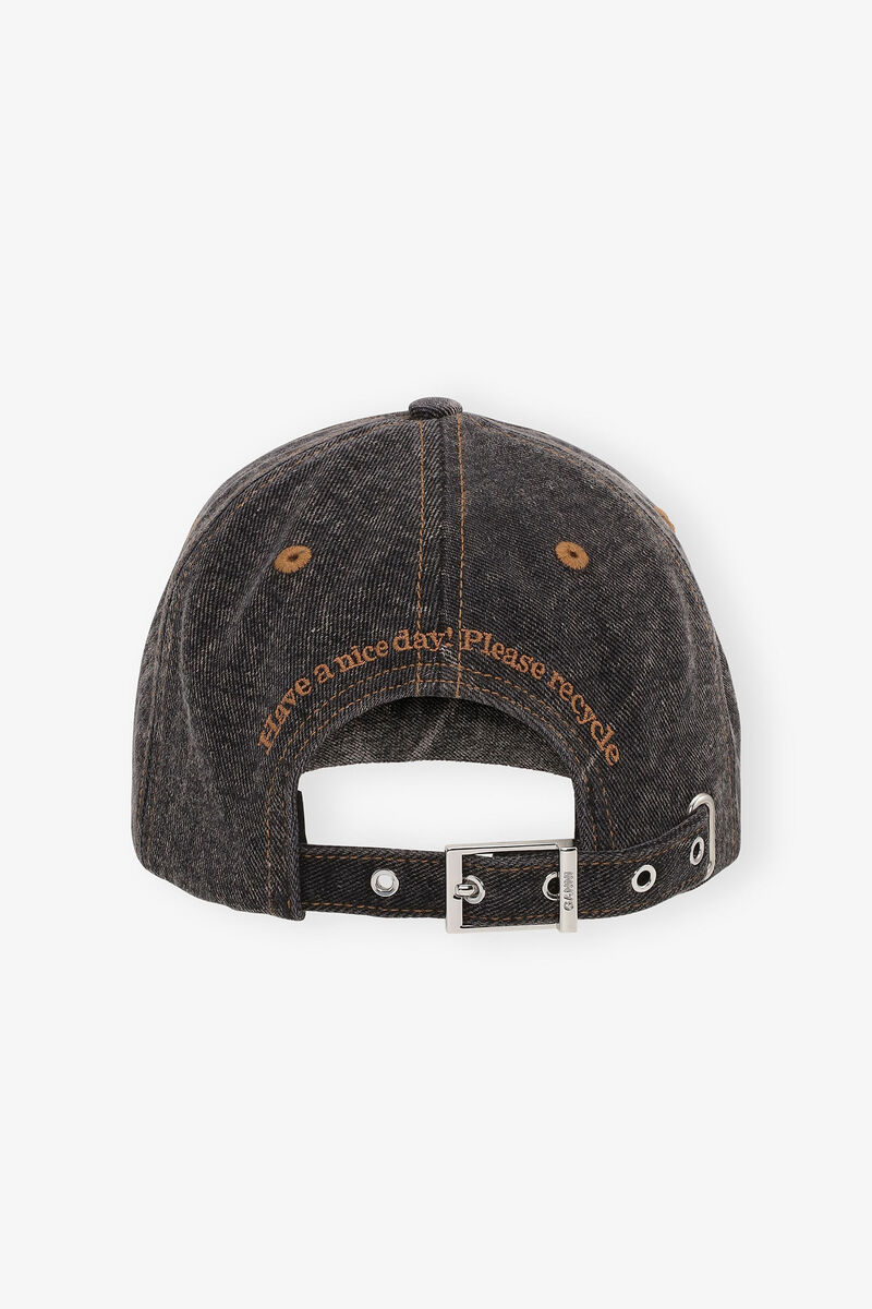 Cap in Black Denim, Recycled Polyester, in colour Washed Black/Black - 2 - GANNI