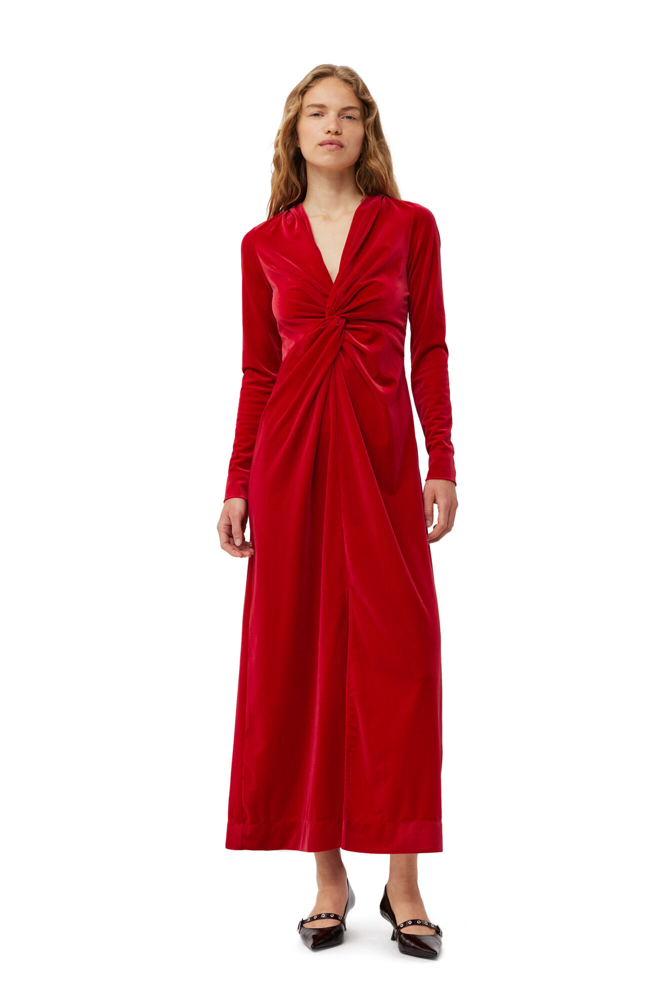 Ganni Red Velvet Jersey Twist Long Dress