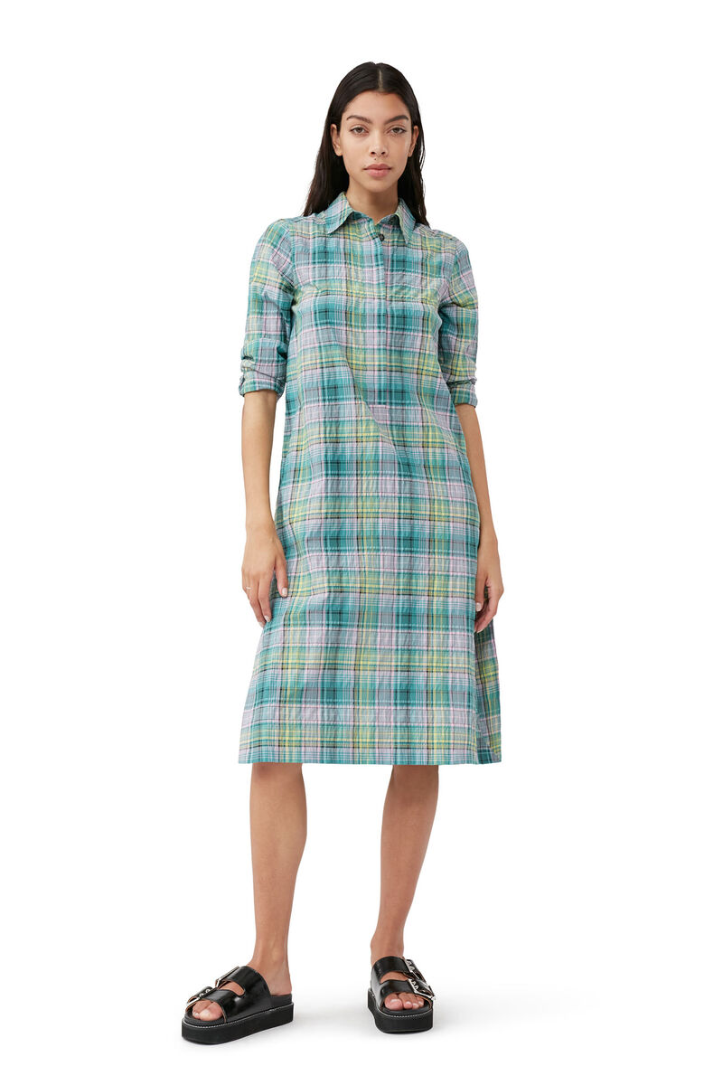 Seersucker Check Shirt Dress, Organic Cotton, in colour Lagoon - 1 - GANNI
