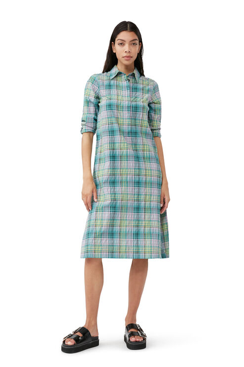 Ganni Seersucker Check Shirt Dress In Lagoon