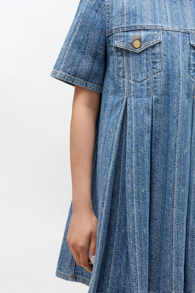 Striped Denim Pleated Dress, Mid Blue Stone