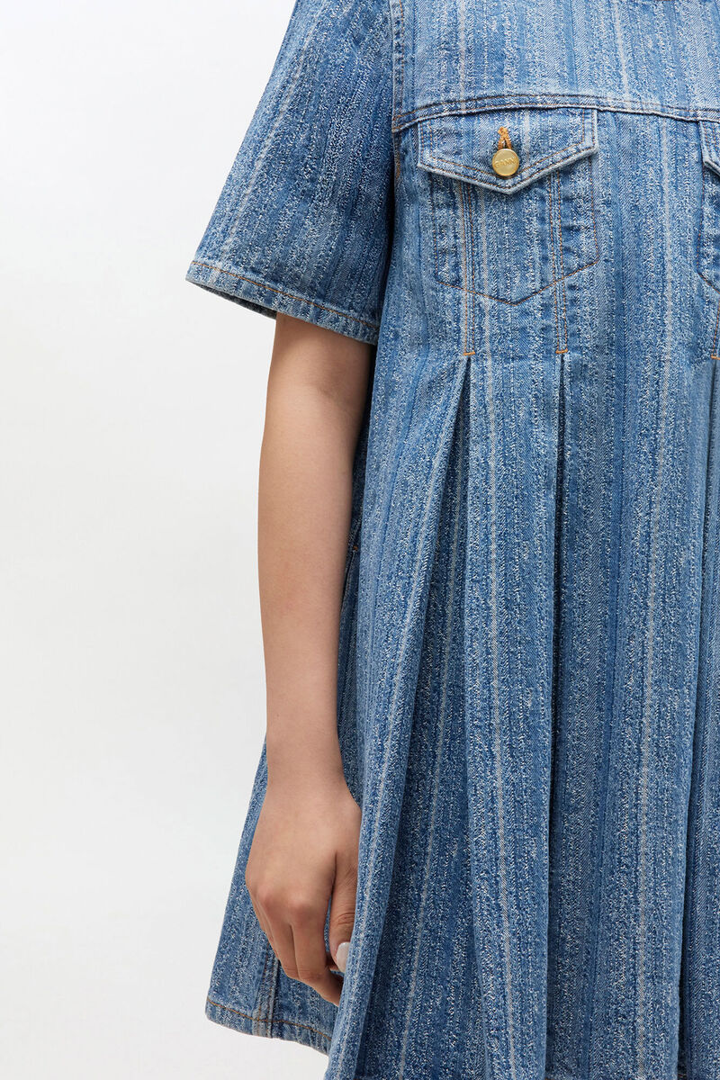 Striped Denim Pleated Dress, Cotton, in colour Mid Blue Stone - 3 - GANNI