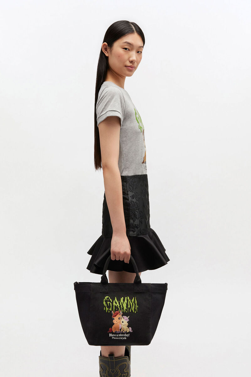 ポニーのプリント入りスモール Easy ショッパー, Recycled Cotton, in colour Phantom - 1 - GANNI