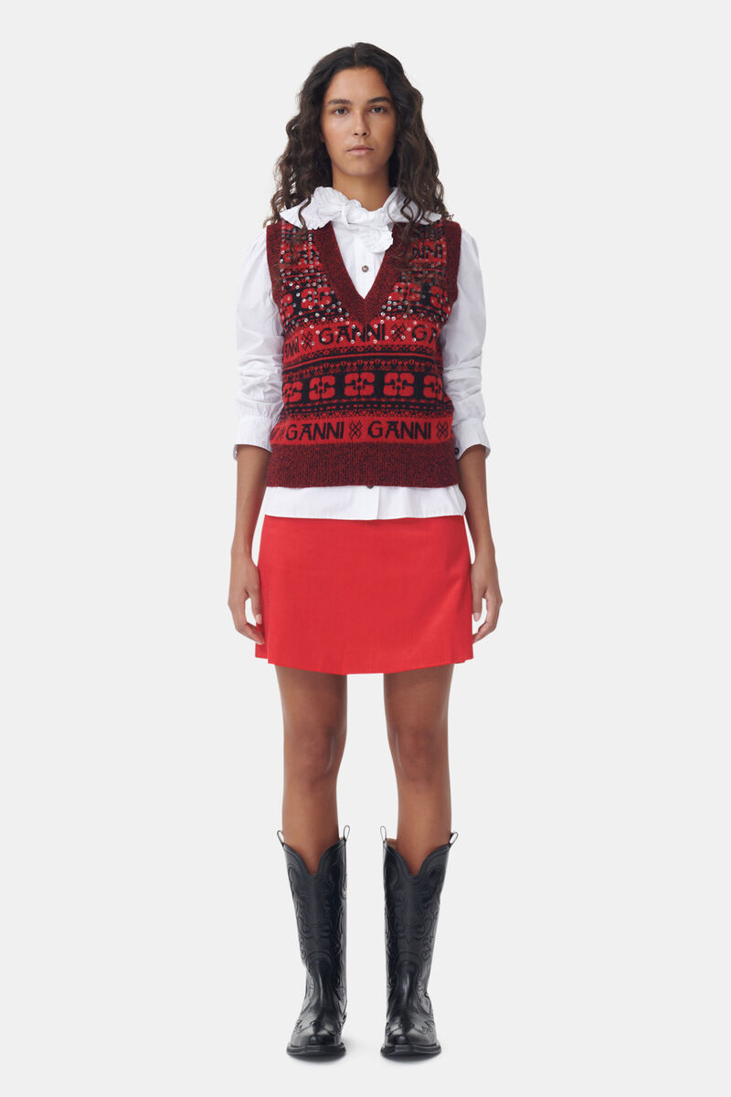 Red Sequins Logo Wool Mix Vest, Recycled Polyamide, in colour High Risk Red - 2 - GANNI