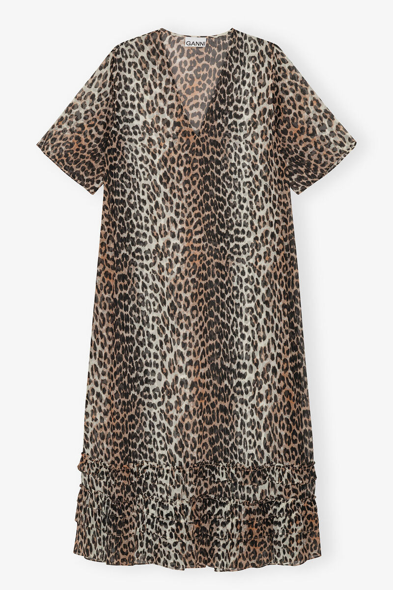 Leopard Chiffon Maxi Dress, Recycled Polyester, in colour Leopard - 1 - GANNI