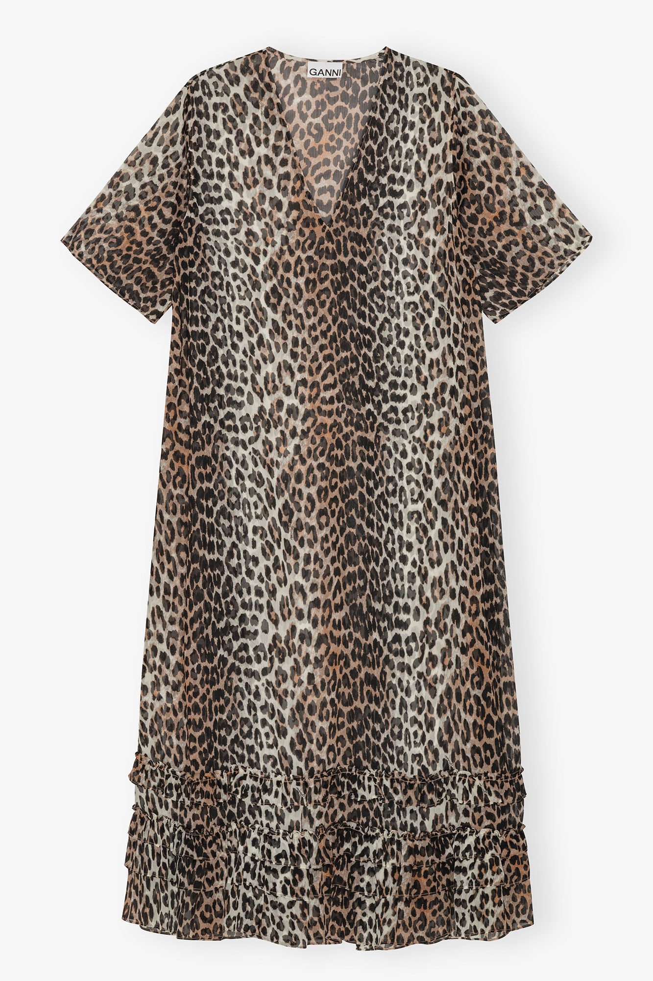 Leopard Chiffon Maxi Dress, Recycled Polyester, in colour Leopard - 1 - GANNI