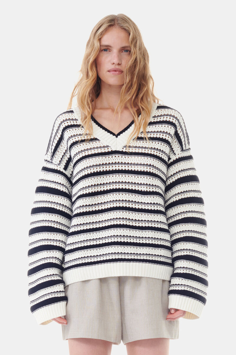 Striped V-neck Jumper, Cotton, in colour Multicolour - 1 - GANNI
