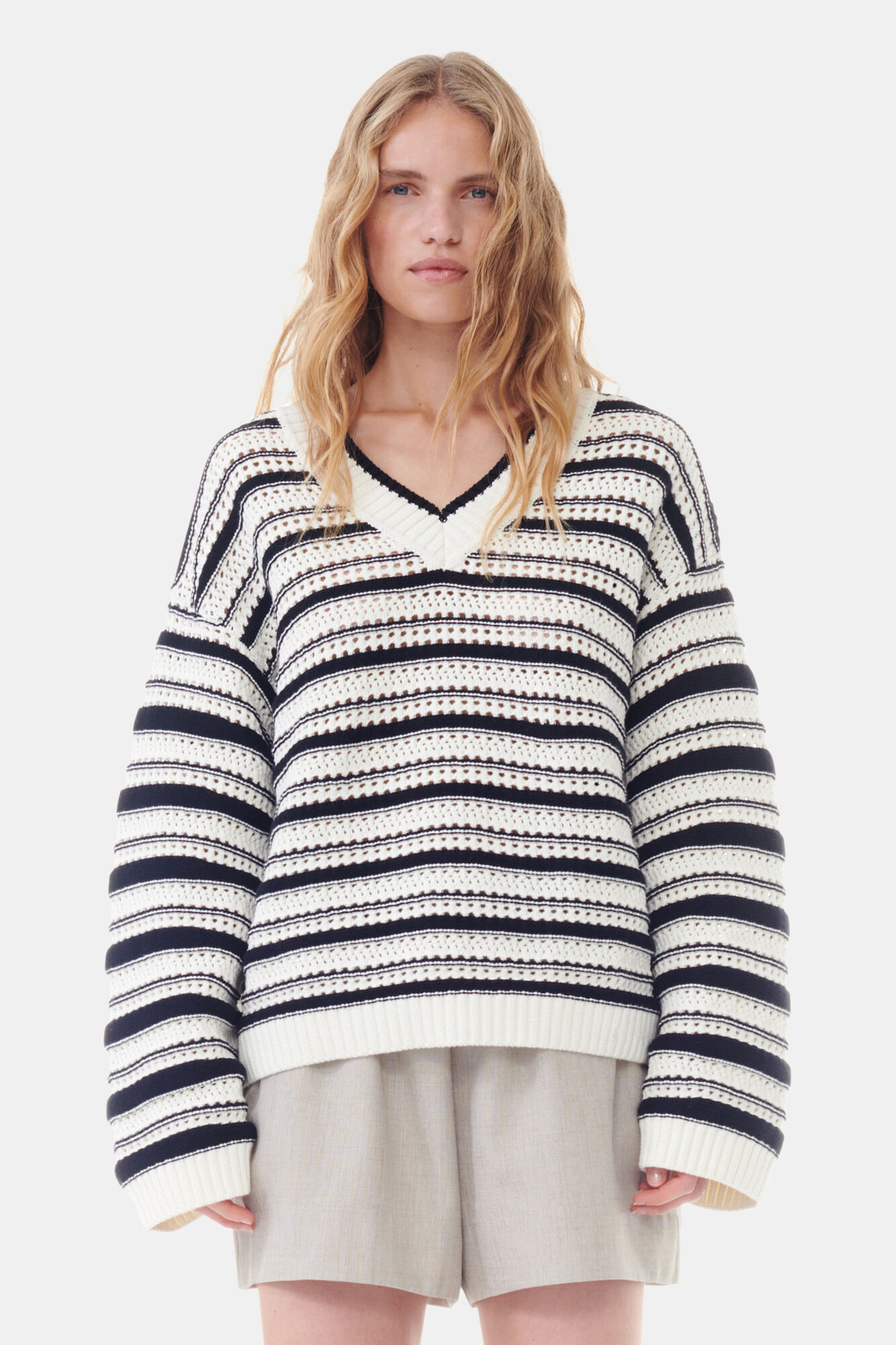 Striped V-neck Jumper, Cotton, in colour Multicolour - 1 - GANNI