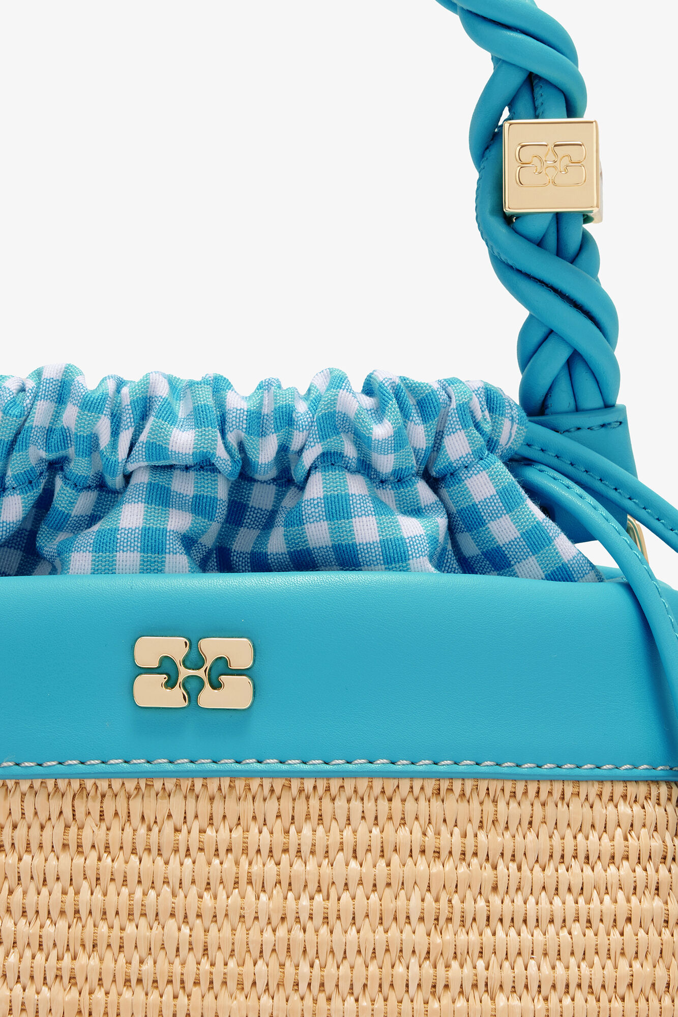 Bou Bucket Bag in Raffia, Recycled Leather, in colour Scuba Blue - 3 - GANNI