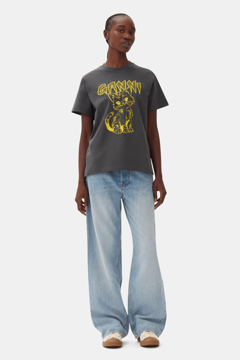 Relaxed Cat T-shirt, Cotton, in colour Volcanic Ash - 2 - GANNI
