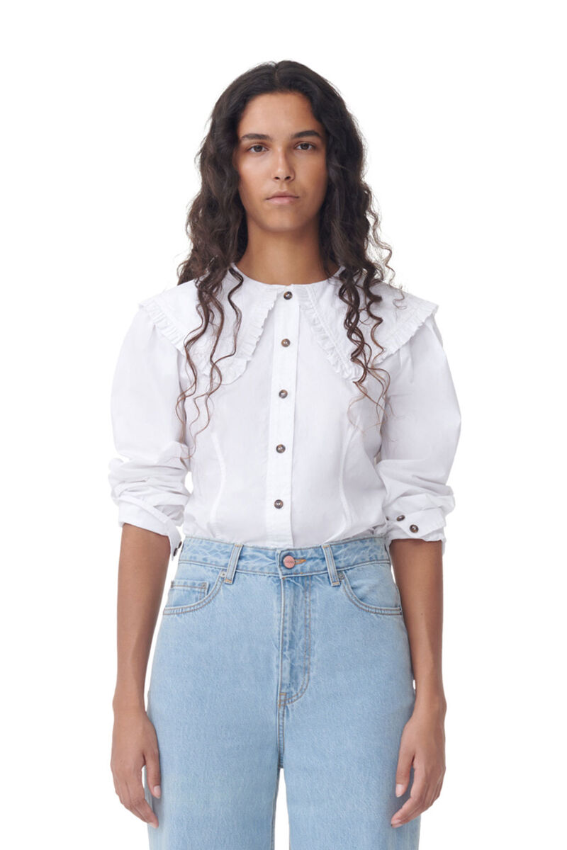 White Frill Collar Poplin Shirt, Cotton, in colour Bright White - 1 - GANNI