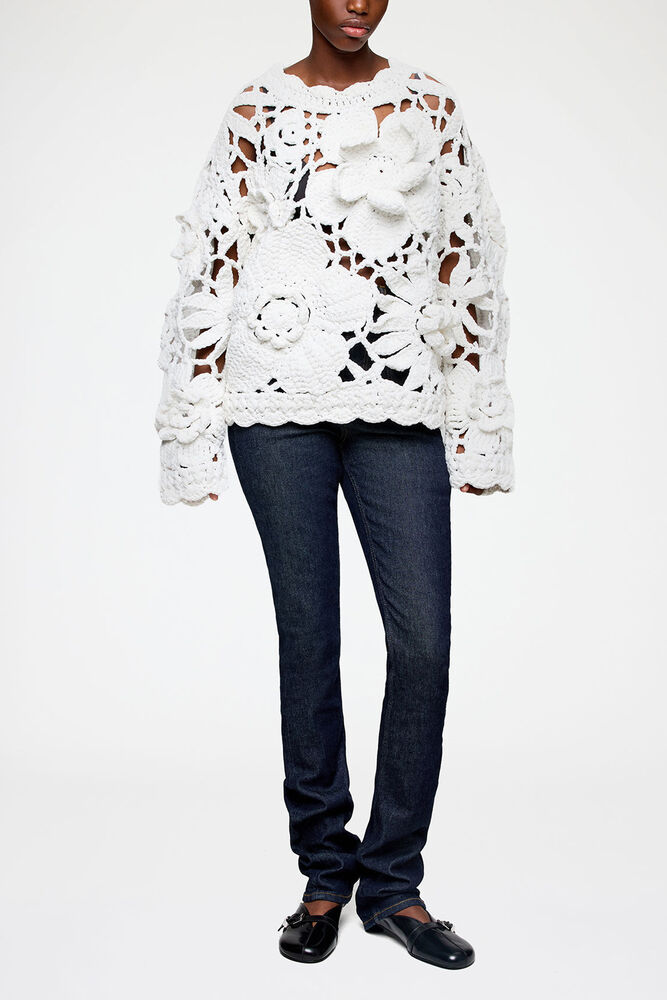 Hand Crochet Crewneck in White, Bright White