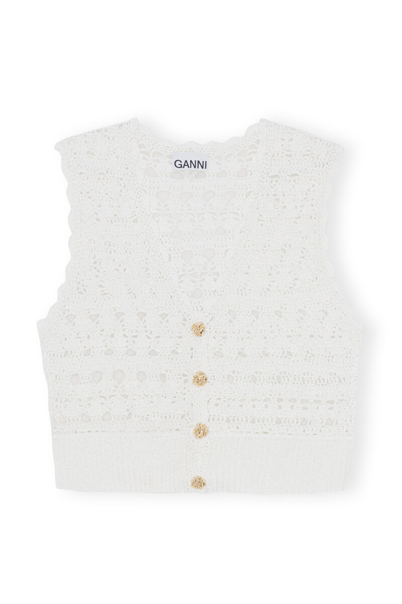 Crochet V-neck Vest, Nylon, in colour Egret - 1 - GANNI