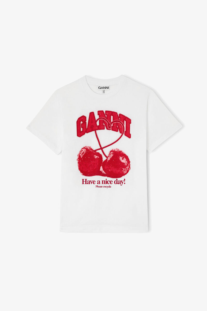 T-shirt with Cherry, Organic Cotton, in colour Bright White - 1 - GANNI