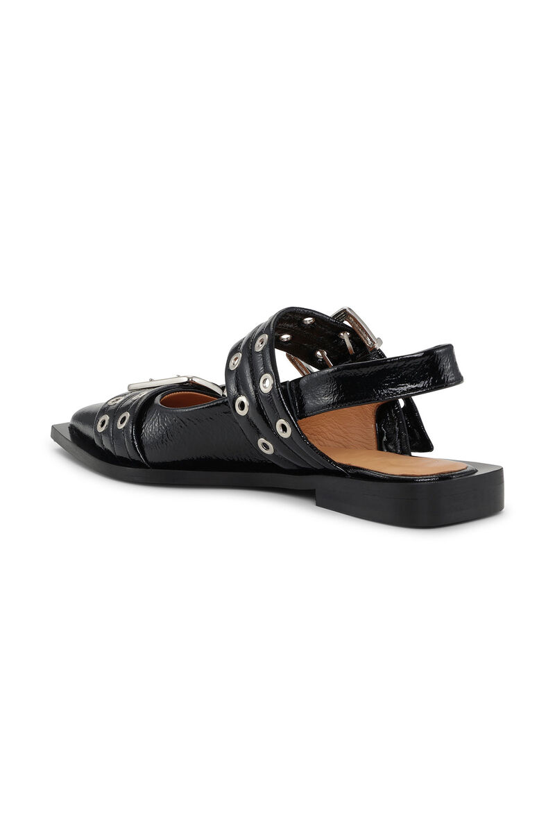 Glossy Wide Welt Buckle Ballerinas , Calf Leather, in colour Black - 2 - GANNI