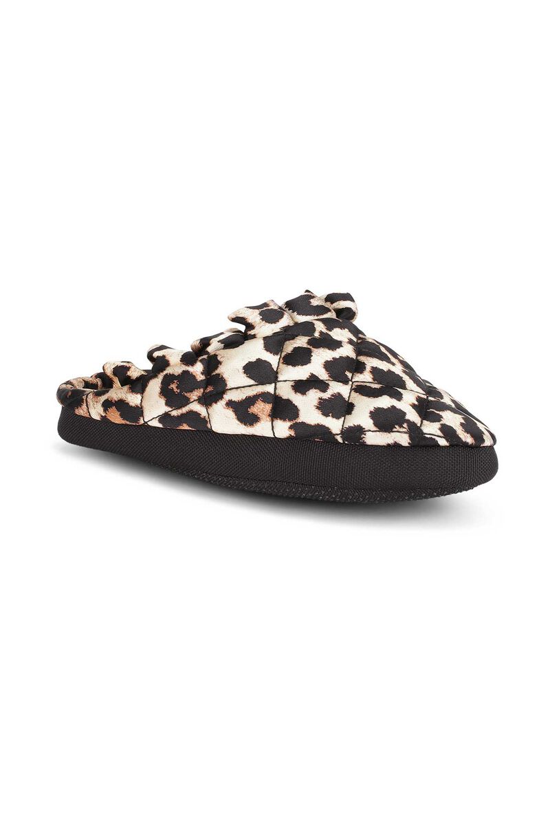 Quilted Satin Accessories Quilted Indoor Ruffle Slippers, Viscose, in colour Leopard - 1 - GANNI