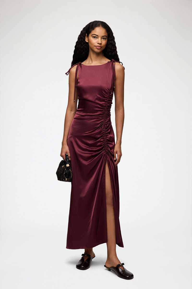 Dress in Red Satin, Viscose, in colour Port Royale - 1 - GANNI