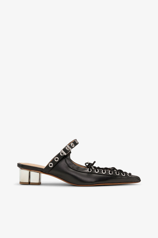 Lace-Up Mules in Black Oleatex, Black