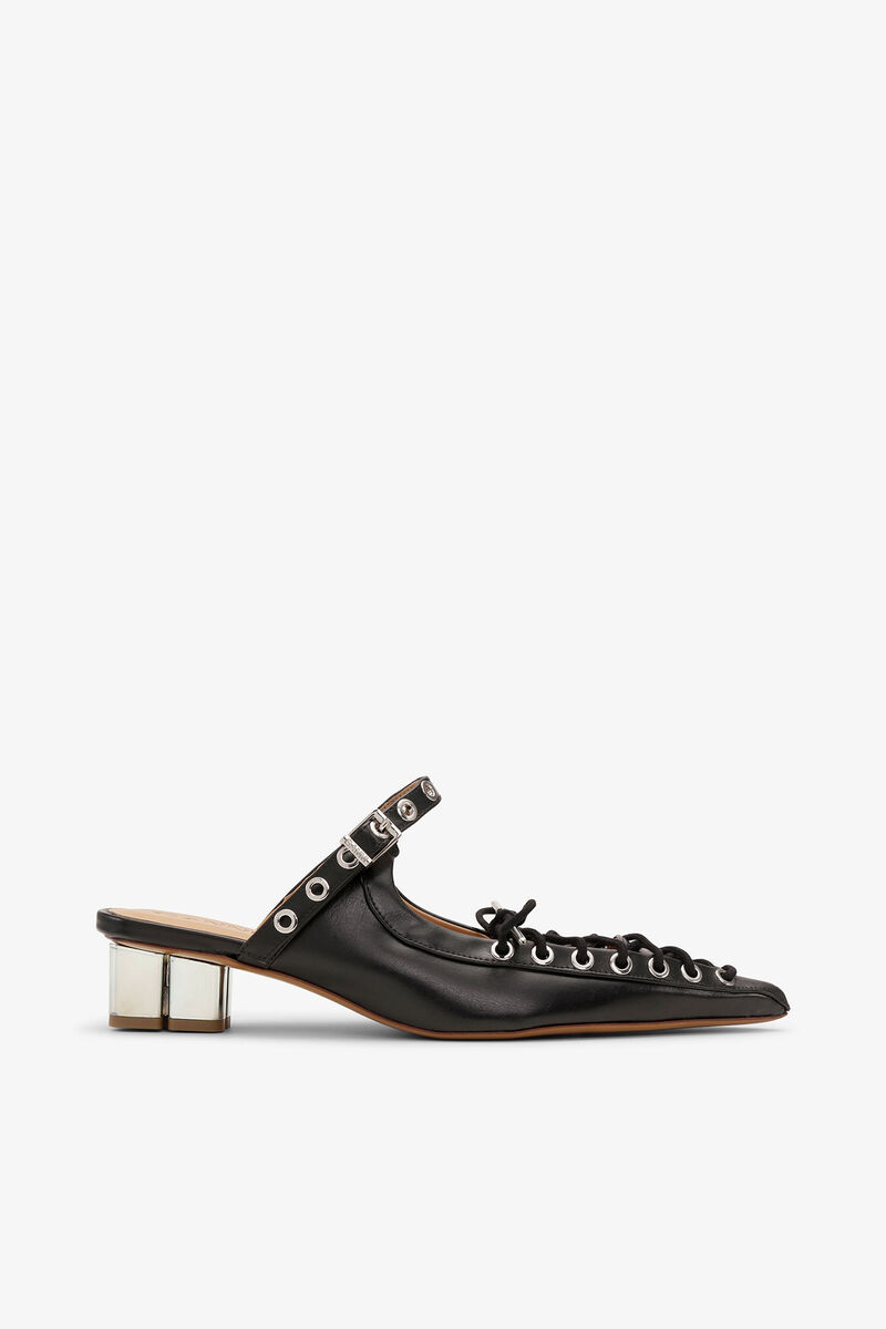 Lace-Up Mules in Black Oleatex, Polyurethane, in colour Black - 1 - GANNI