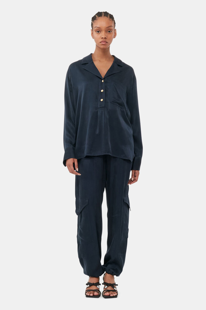 Blue Washed Satin Trousers, Cupro, in colour Sky Captain - 1 - GANNI