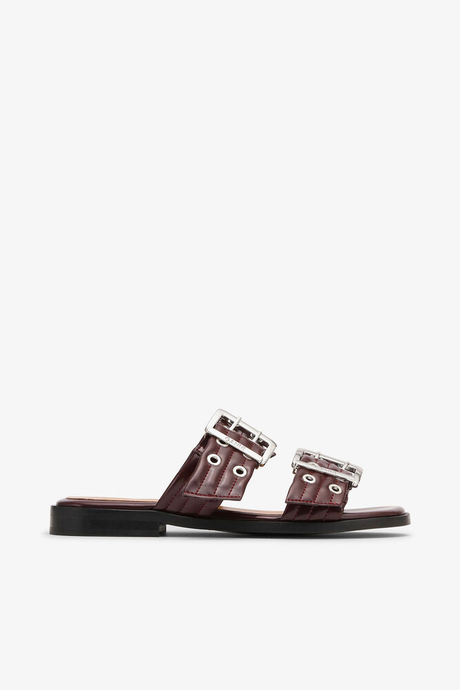Feminine Buckle Two-Strap Sandals in Burgundy, Tawny Port