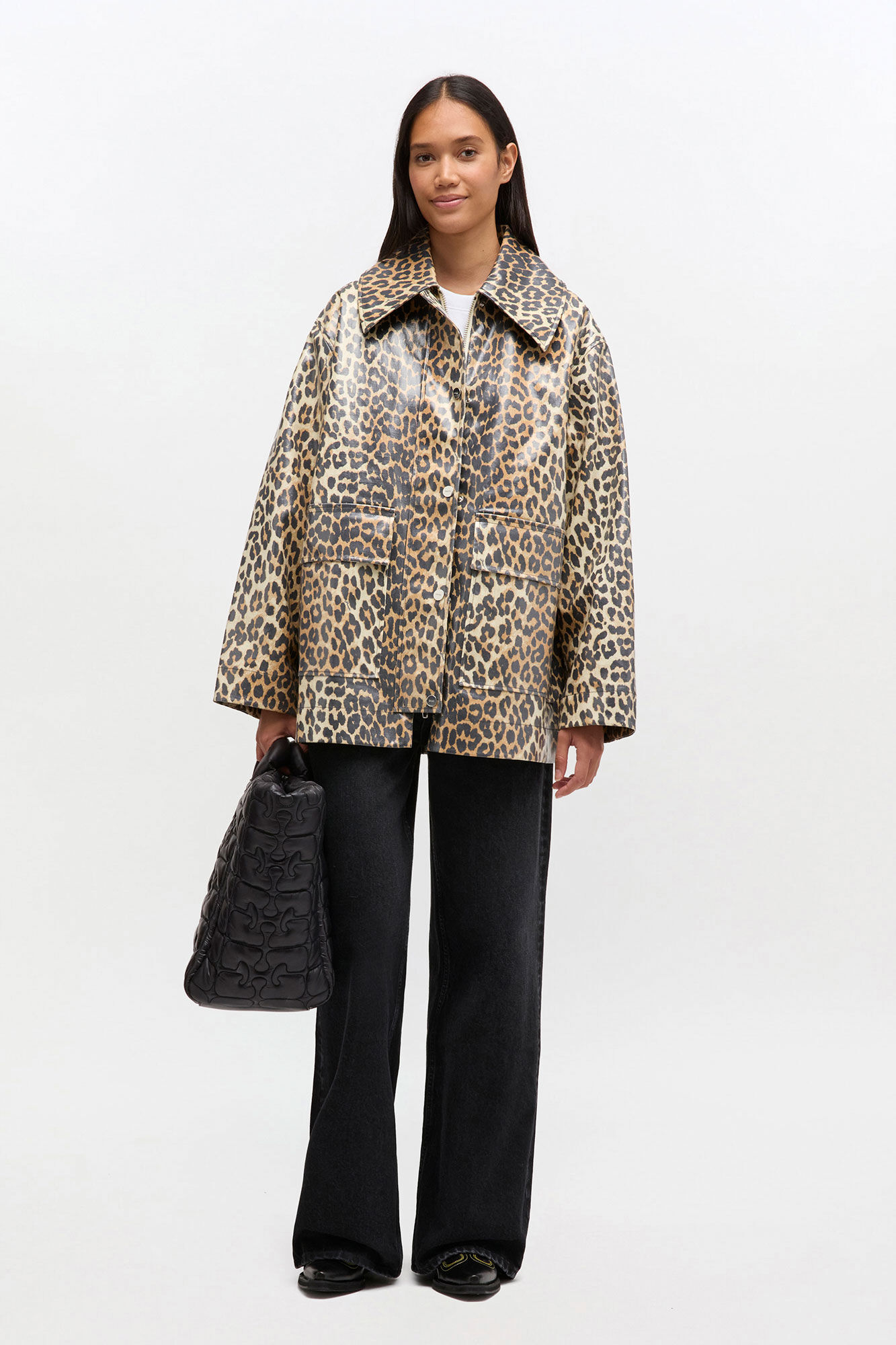 Almond Milk Leopard Laminated Cotton Jacket | GANNI US