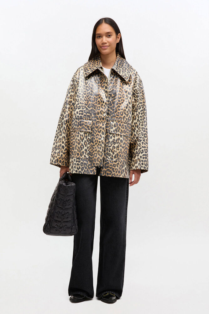 Leopard Laminated Cotton Jacket, Almond Milk