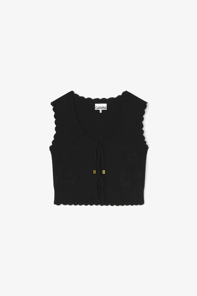 Black Crochet Applique Vest, Recycled Polyester, in colour Black - 1 - GANNI