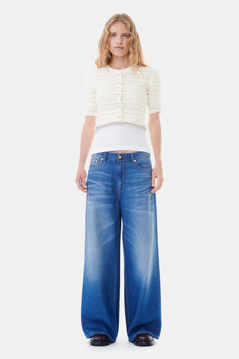 Ivory Pointelle Short Sleeve Cardigan, Cotton, in colour Egret - 2 - GANNI