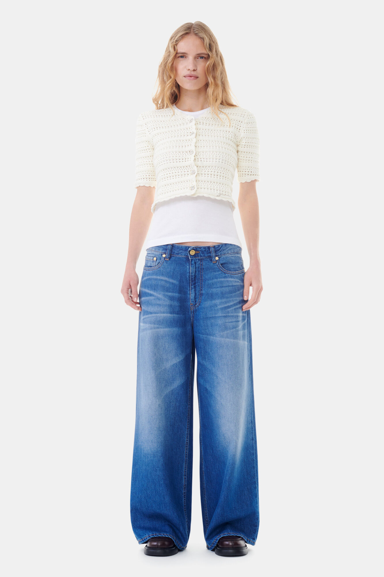 Ivory Pointelle Short Sleeve Cardigan, Cotton, in colour Egret - 2 - GANNI
