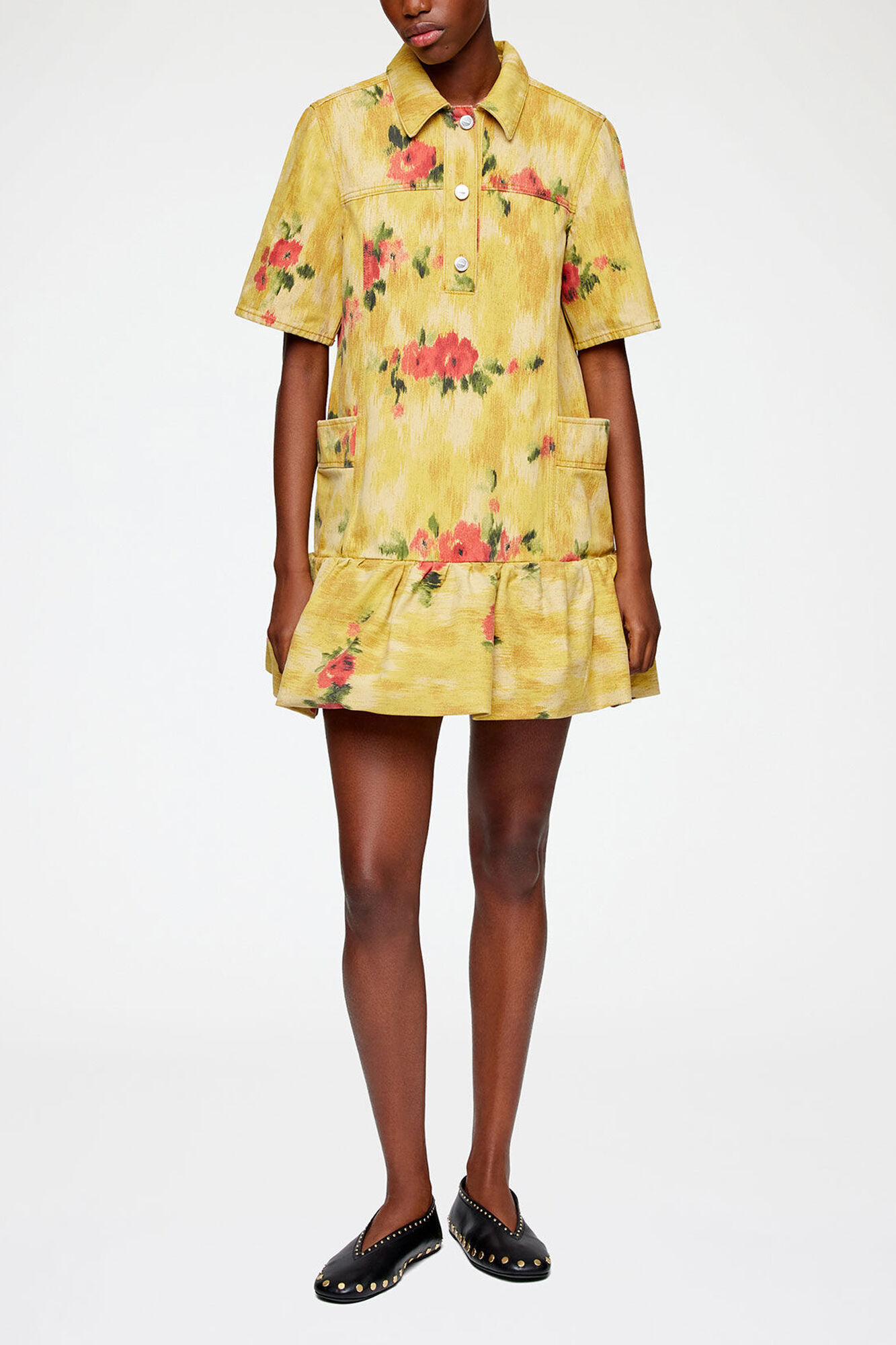 Dress in Yellow Printed Denim, Organic Cotton, in colour Vibrant Yellow - 1 - GANNI