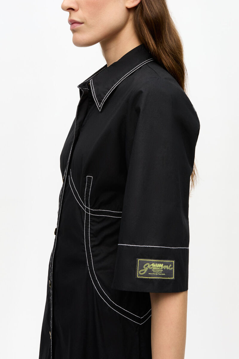 Black Cotton Poplin Shirt Dress, Organic Cotton, in colour Black - 5 - GANNI