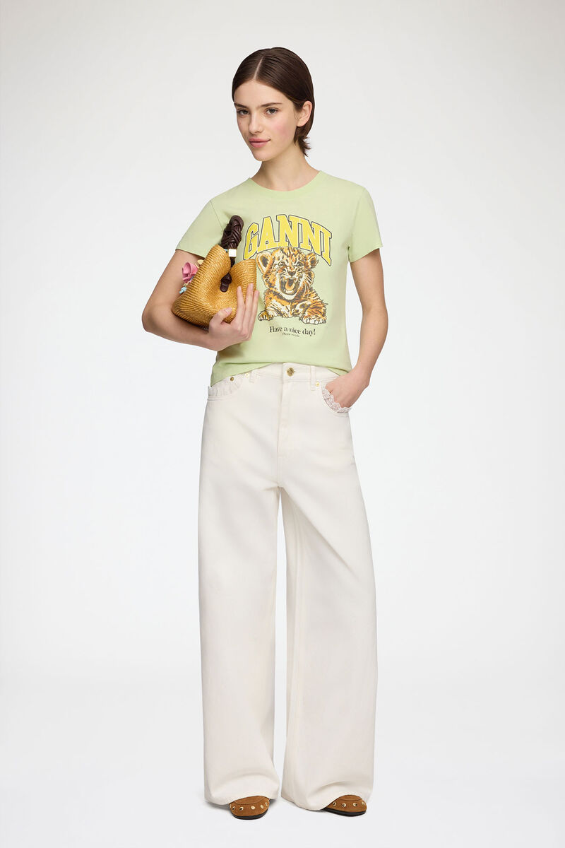 Lari Straight Jeans in White Denim, Organic Cotton, in colour Bright White - 1 - GANNI