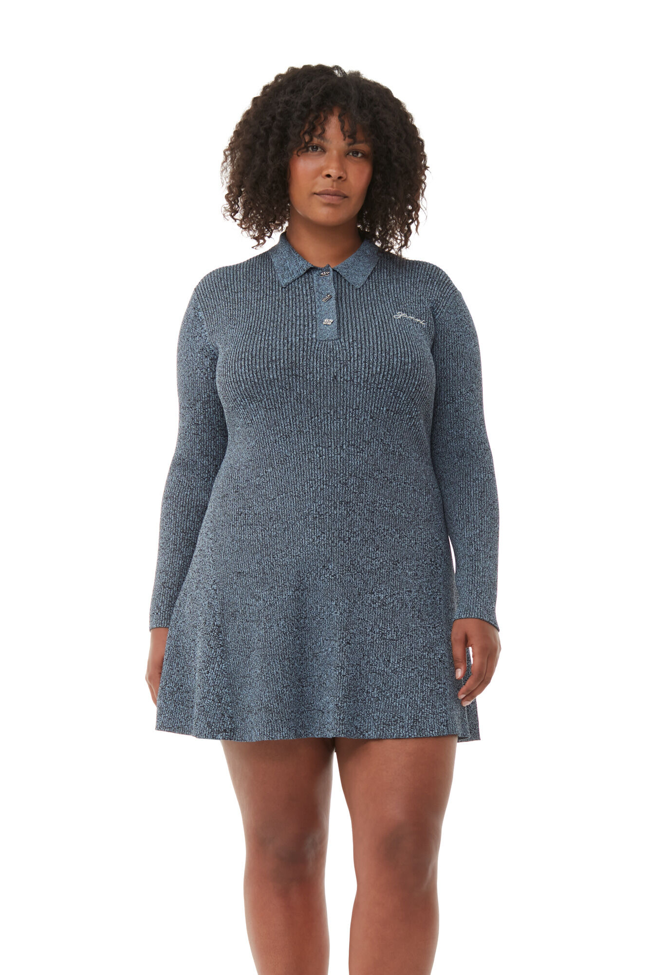 Blue Melange Knit Mini Dress, Elastane, in colour Silver Lake Blue - 7 - GANNI