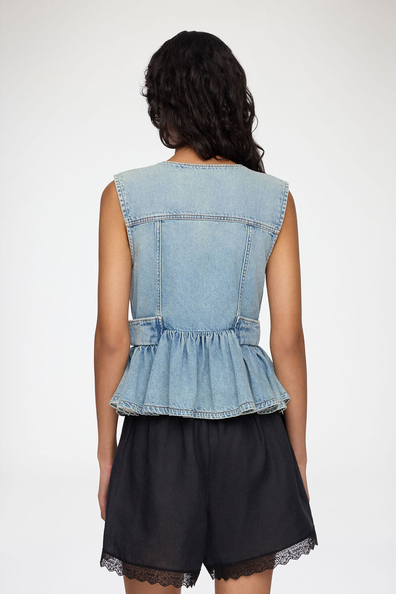 Vest in Lightweight Denim, Organic Cotton, in colour Light Blue Vintage - 3 - GANNI